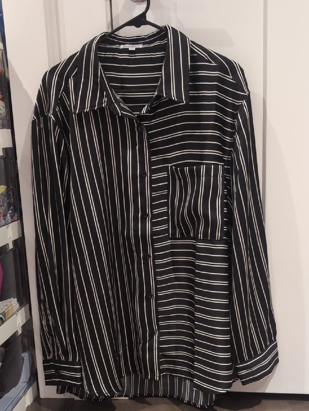 Silky Black and White Vertical Stripe Button-Down Shirt